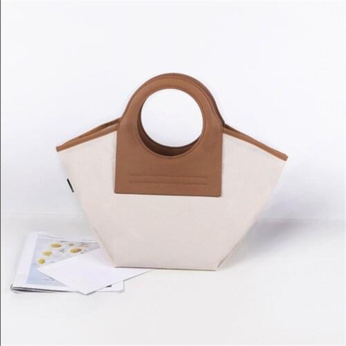 Women Canvas Wooden Ring Tote Shell Bag Magnetic Buckle Large Capacity Canvas Tote Bag PU Leather Bag