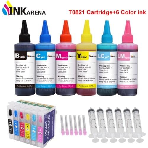 INKARENA 6×100ml Bottle Dye Ink + T0821 Refillable Printer Ink Cartridge For Epson Stylus Photo T50 R290 R295 R390 RX590 RX610