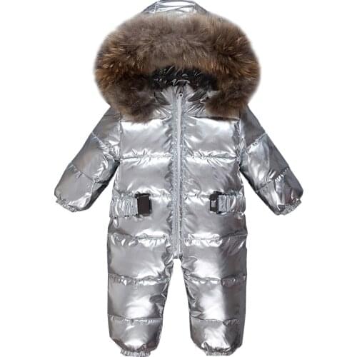 Dollplus Newborn Baby Jumpsuit Silver Duck Down Winter Snow Overalls Boys Girl Real Fur Romper Outfits Outdoor One Piece Jacket