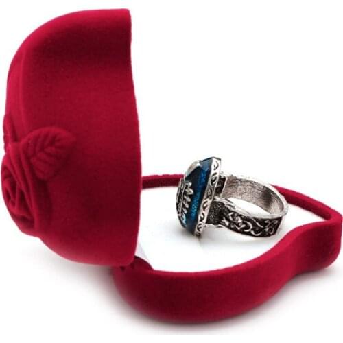 Red Heart Shaped Jewelry Ring Box Velvet Rose Pattern Love Ring Storage Display