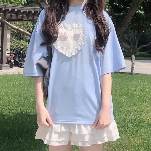 Kawaii O-Neck Lace Cute Top Harajuku Soft Girl Short-Sleeve Womens T-Shirt Rabbit Appliques Sweet Female Student Streetwear