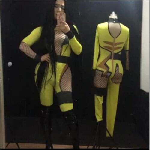 Fashion Cartoon Bikachu Jumpsuit Yellow Crystals Birthday Cute Outfit Party Sparkly Costumes Rhinestones Big Stretch Rompers