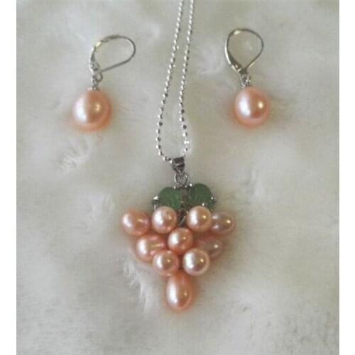 Natural Pearl Jewellery Set,Pink Color Genuine Freshwater Pearl Pendant Necklace Earrings,New Free Shipping