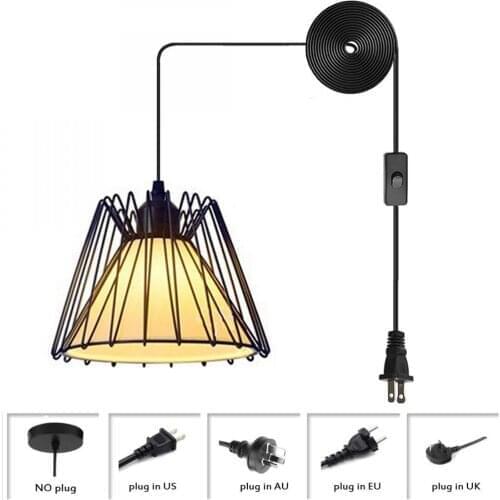Industrial Style Hanging Light with Plug In Cord, Black Metal Wire Cage Plug In Pendant Light, Plug In Ceiling Lamp Fixture