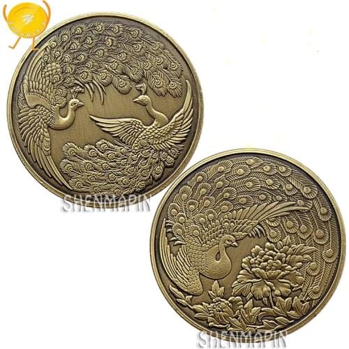 Queen of birds Peacock Commemorative Coin China Mascot Challenge Coin Chinese National Flower Peony Bronze Coins Collectibles