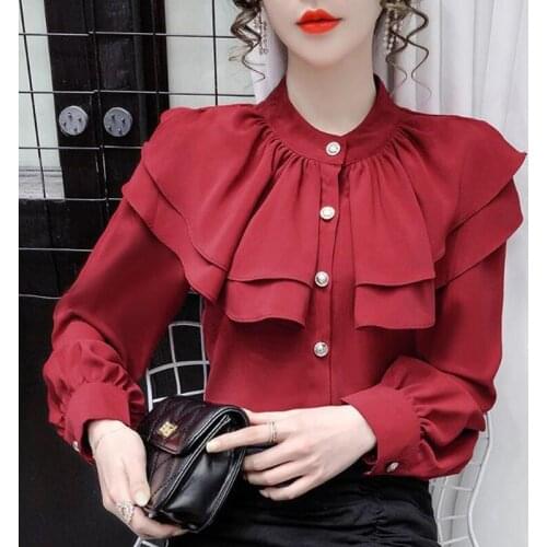 Shirts Women Solid Chiffon Plus Size Red Blouses Loose Temperament Ruffles Long Sleeve Top Fashion Streetwear New Blusas Mujer