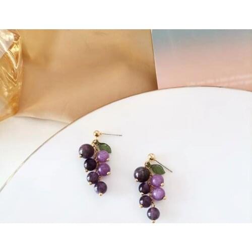Silver needle small grape stud earrings temperament purple tassel earrings wind summer