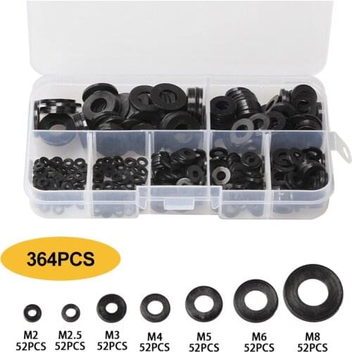 364Pcs Black Nylon Washers Flat Ring Plain Repair Washer Furniture Gasket Kit Metric M2-M8 Assortment Kit with Box