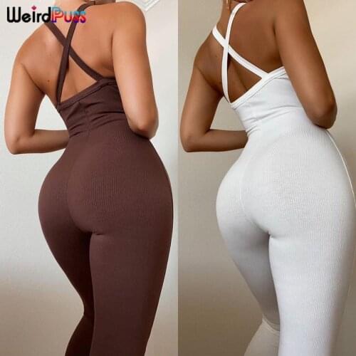 Weird Puss Sexy Strap Jumpsuits Women Knitting Stretchy Overalls Skinny Summer Backless Sporty Fitness Fashion Streetwear Outfit