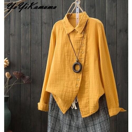 YoYiKamomo Vintage Mori Girl Tops 2018 Autumn New Cotton Big Size Shirt Solid Color Tops Loose Female Korean Fashion Blouse