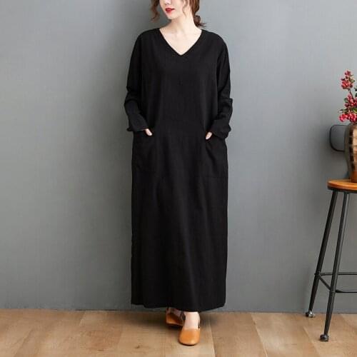 2021 New Arrival Long Sleeve Autumn Dress V-neck Solid Color Cotton Linen Loose Women Casual Dress Spring Vintage Long Dress