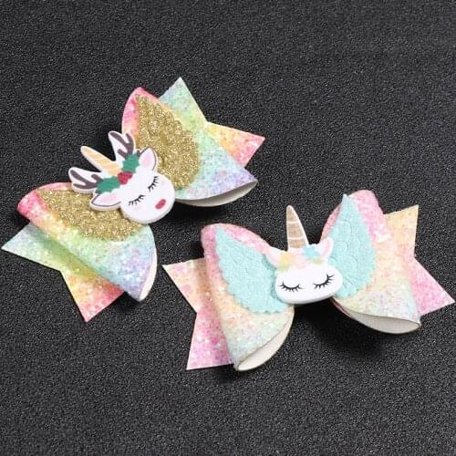 10pcs/lot Glitter Felt Shinning Bow Hair Modish Girls Hair Clips Printing Double Layers Kids Unicorn Hairpin Cute Girls Summer