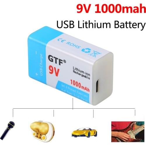 1000mah 9V 6F22 USB Charging Battery 9v USB Rechargeable Lithium Battery for Multimeter Microphone Toy Remote Control KTV Cells