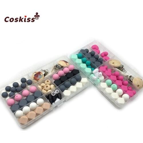 2pc Mix Color Geometry Hexagon Heart-Shaped Silicone Bead Wooden Bead Pacifier Clip Breakaway Safety Clasp DIY Baby Teether Toy
