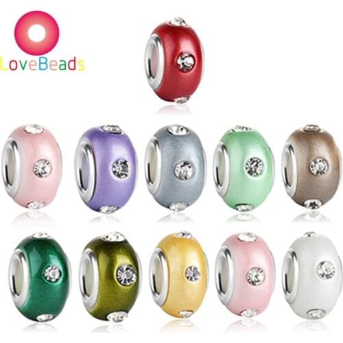 10 Pcs Color Round Loose Rhinestone Pave CZ Crystal Large Hole Silver Plated Beads Charms Fit Pandora Bracelet DIY Women Jewelry