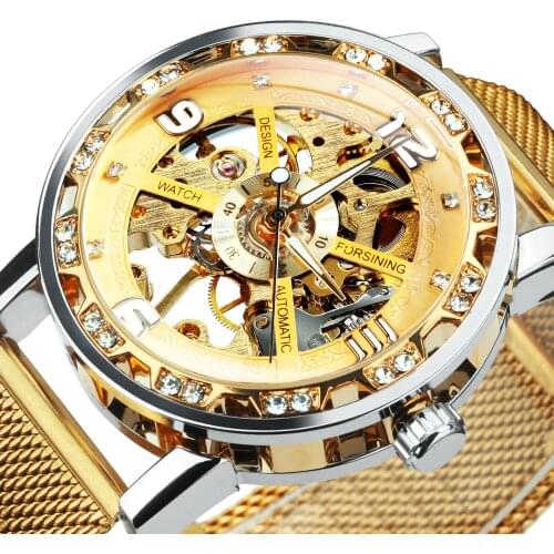 FORSINING Skeleton Watch Men Mechanical Iced Out Watches Mens 2021 Top Brand Luxury Mesh Steel Strap Wristwatches часы мужские