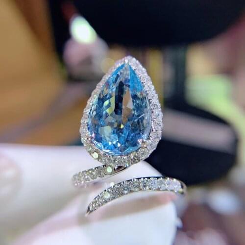 H124 Aquamarine Ring Fine Jewelry Pure 18K Gold Natural 6ct Blue Aquamarine Gemstones Fine Rings