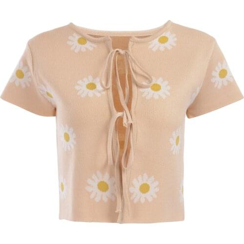 Womens Tie Up Crop Tops, Female Sexy Scoop Neck Short Sleeve Floral Print Open Front T-Shirts Summer