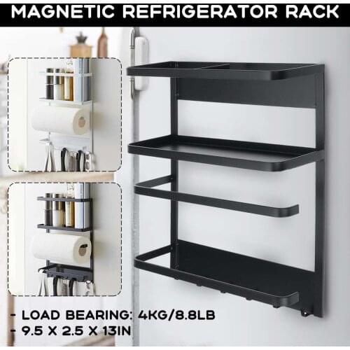 Magnetic Spice Rack for Refrigerator Kitchen Storage with Hook Paper Towel Roll Holder Fridge Side Hanging Organizer Metal Shelf