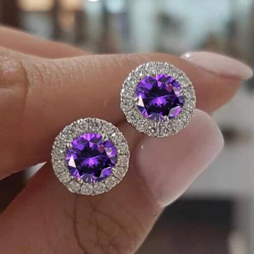 Cute Female Crystal Small Round Earrings Classic Silver Color Wedding Jewelry Charm Purple Zircon Stud Earrings For Women