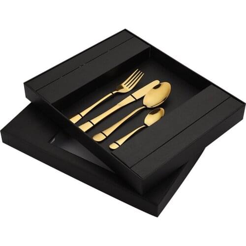 24Pcs/Set Golden Cutlery Set with Giftbox Mirror Gold Silverware Stainless Steel Dinnerware Set Knife Fork Spoon Tableware Set
