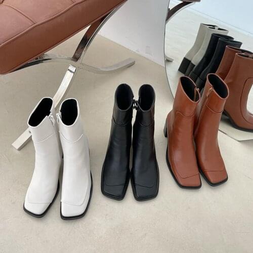 2021 Summer Autumn New Style Square Toe Simple Temperament Chunky Heel Ankle Boots Side Zipper Fashion Skim-Fit Boots