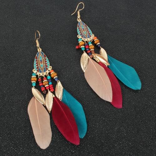 New Ethnic Golden Color Acrylic Rainbow Beads Feather Tassel Earrings for Women Wild Leaf Wedding Earrings Boho Indian Jewelry