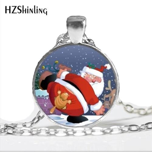 2017 New Arrival Funny Christmas Jewelry Trendy Glass Dome Funny Santa Claus and Cat Christmas Gift Necklace for Women Men
