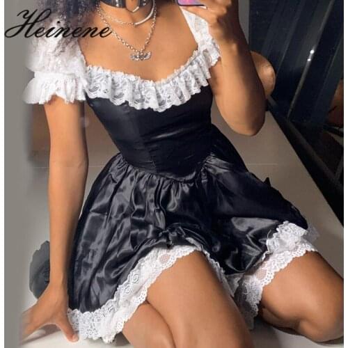 Heinene Gothic Summer Party Women Lace Sexy Square Collar Puff Sleeve Mini Dress Harajuku Streetwear Party Club Patchwork