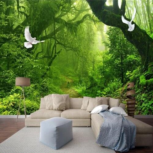 Custom 3D Photo Wallpaper Waterproof Canvas Green Forest Big Tree Wall Painting Living Room Self-adhesive Papier Peint Mural 3D
