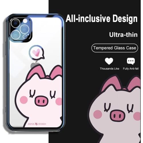 ASINA Transparent Tempered Glass Case for iPhone 11 12 Pro Max 12 Mini XS XR X Fashion Cartoon Cover For iPhone 7 8 Plus SE 2020