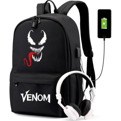 Anime Venom USB Luminous Backpack Bag w/ USB Port/Lock /Headphone Travel School Bags Students Laptop Mochilas
