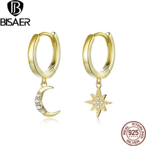Moon And Star Earrings BISAER 925 Sterling Silver Luminous Cubic Zircon Moon & Star Women Stud Earrings Jewelry ECE785