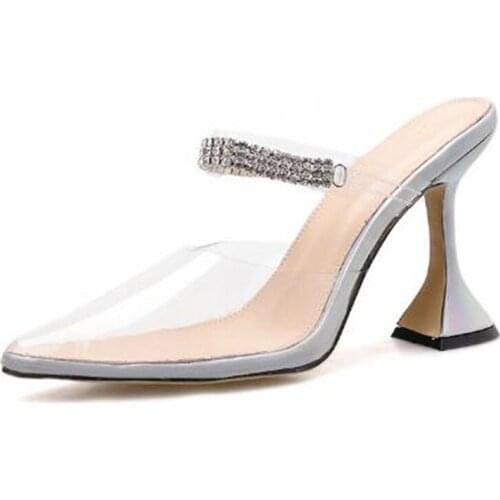 Women sandals PVC Sequined Cloth Slip On 9cm Thin Heels High heels Pointed Toe Shallow sandal women shoes 2020 size 35-42