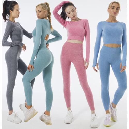 Women Yoga Set Fitness Track Suit Workout Sportswear Sports Suits Long Sleeve Shirts Top High Waist Seamless Leggings Yoga Pants