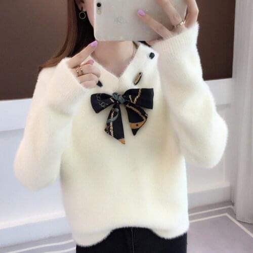 2020 New Autumn Winter Women Sweaters Knitted Jumper Bow Tie Pullovers Casual Sweaters Long Sleeve Slim Sweater Femme Pull P800