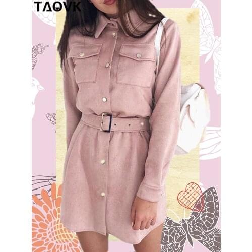 TAOVK Autumn Womens dresses Solid Color Single Breasted Turn Down Collar Long Sleeve Suede women Dress with Belt