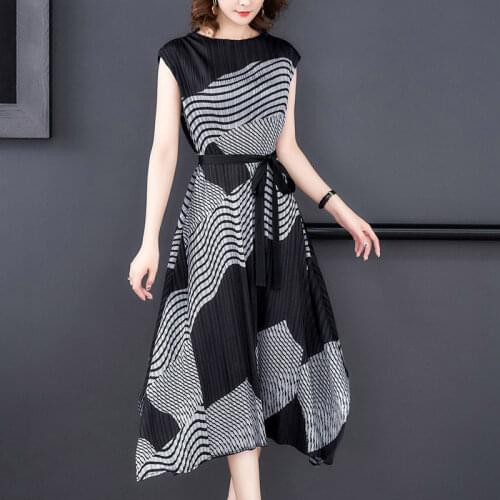 Fold Geometric Print Sleeveless Big A-line Dress Long Irregular Vest Dress For Office Lady Spring Summer Fashion Vestidos f2899
