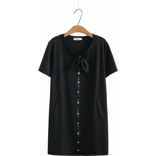 Plus size O-Neck short sleeve bow button women dresses 2021 new summer Casual black ladies dress female pullovers tops