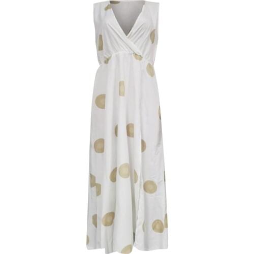 Trendyland Women‘s Boho Dress Fashion V-Neck Sexy Sleeveless Dot Print Summer Party High Slit Maxi Dress Vestidos Ropa Mujer