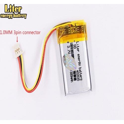 1.0MM 3pin connector 402035 300mah 3.7v DVR car recorder high-temperature li-po polymer rechargeable lithium battery