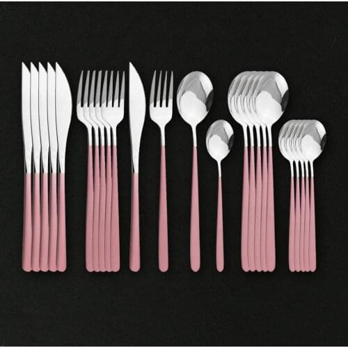 24Pcs Pink Silver 304 Stainless Steel Cutlery Set Fork Spoon Knife Silverware Tableware Dinnerware Flatware Set Dishwasher Safe