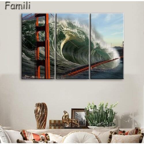 3Panel Art Modern sea green blue beach Wave picture decoration canvas painting wall picture for living room home decor unframed