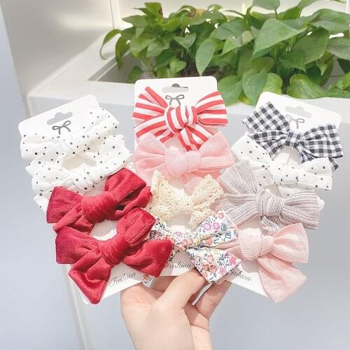 4Pcs/set Cotton Plaid Bowknot Hair Clips Ribbon Hair Bows Floral Silver PU Hairpins Barrettes Headwear For Kids Hair Accessories