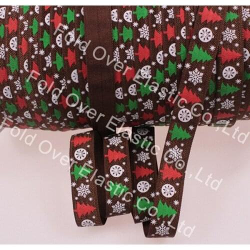 5/8 inch Free shipping #850 brown Fold Over Elastic FOE christmas tree printed ribbon headband diy hair band wholesale OEM