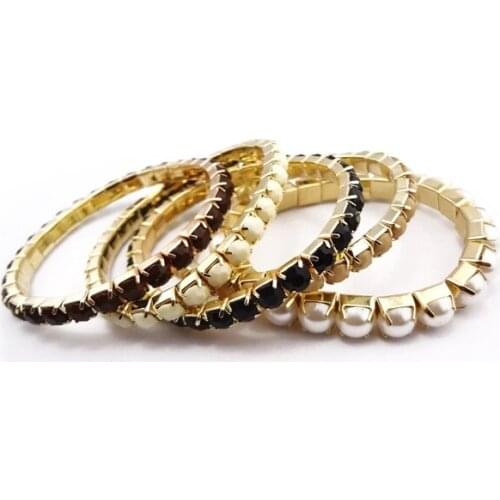 5pcs/set Fashion Acrylic Beaded Strand Bracelets For Women Jewelry Charm Pearl Elastic Bracelets Bridal Ethnic Party Gift