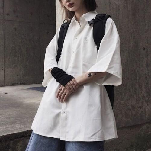 HOUZHOU White Basic Shirt Summer Vintage Oversize Half Short Sleeve Korean Style Button Up Blouses Women Casual 2021 Fashion