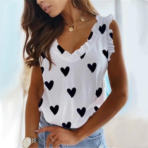 Blouses Womens Tops Heart Print Kawaii Shirts For Women V-Neck Ruffles Sleeveless Blouse Womens Clothing 2021 Y2K Blusas Femme