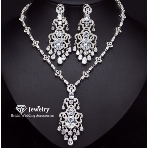 CC Neckalce Women Drop Earring Luxury Jewelry Set Wedding Engagement Accessories for Bride Chocker Pendant Bijoux Gift T0101
