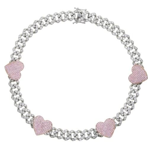 Hot sale pink cz paved heart charm choker necklace with white cz paved 12mm cuban chain necklace for women lady hip hop jewelry